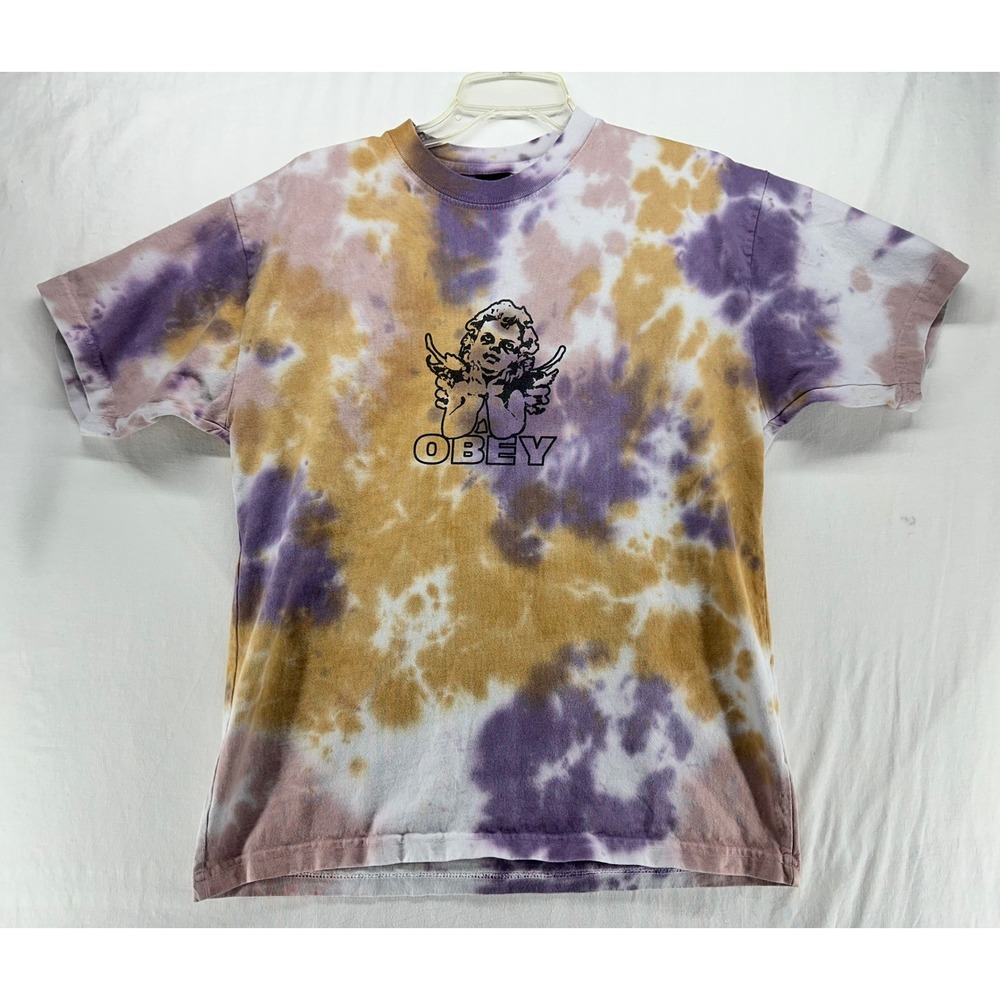 Obey Mens Tie Dye Cherub Angel Graphic T-Shirt Purple Yellow Small